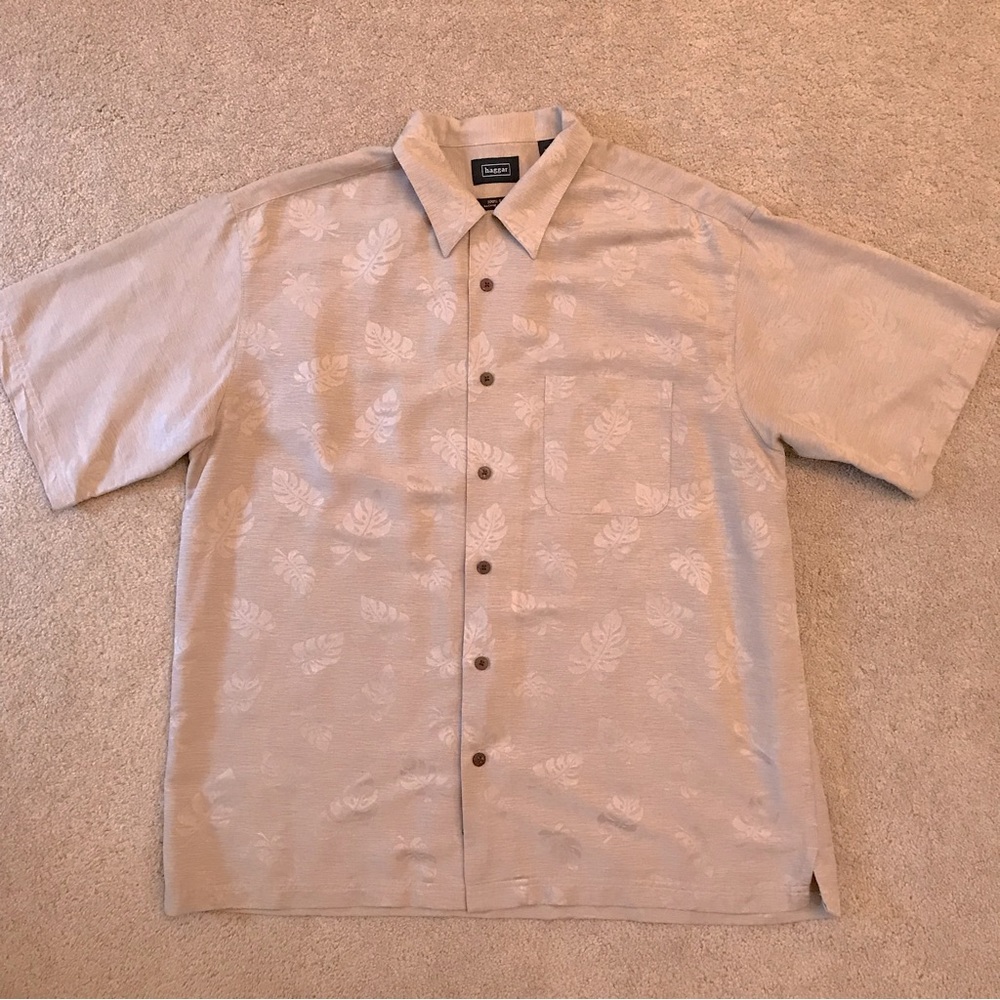 Haggar Washable Silk Short Sleeve Button Down Shirt Mens Large Tan Relaxed Fit